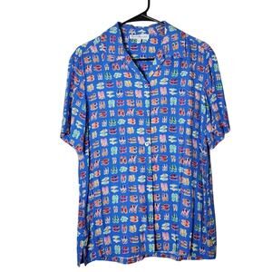 David Brooks Hawaiian Shirt Size Medium Blue Shoe‎ Print Button Rayon Vintage